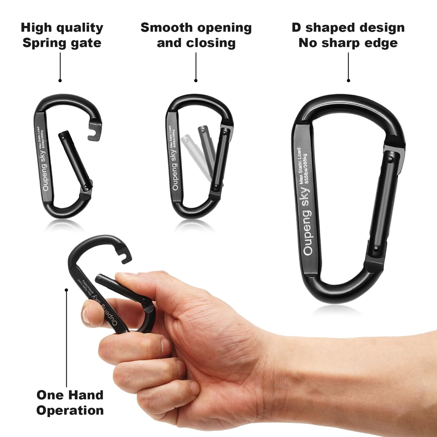 Carabiner Clip, 4 Pack, 855lbs，3" Iron Heavy Duty Caribeaners for Hammocks, Camping Accessories, Hiking, Keychains，Outdoors and Gym etc, Small Carabiners for Dog Leash, Harness and Key Ring, Black