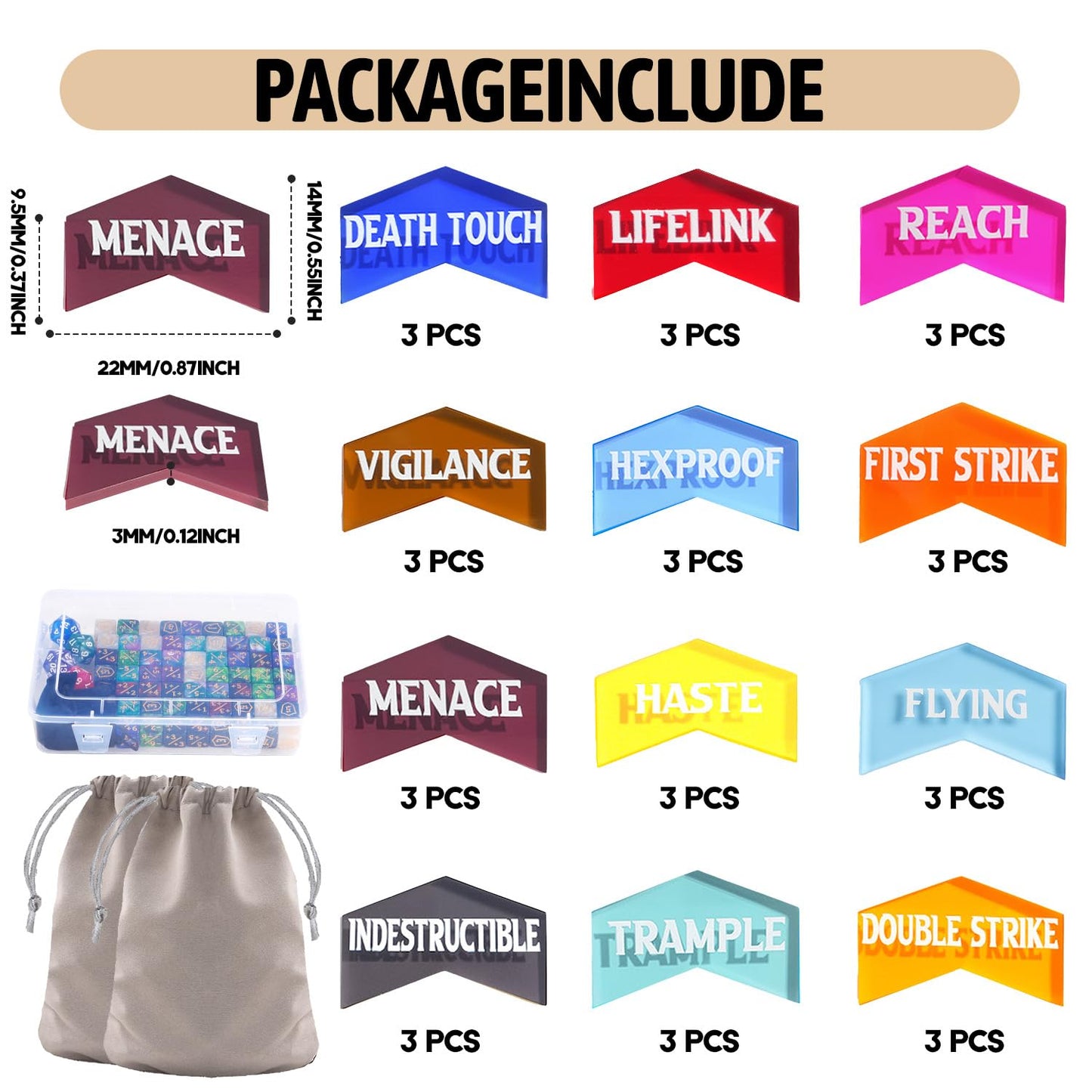 100 Pieces MTG Dice Keyword Counter Set Life Counter Game Tokens for Magic The Gathering Includes 36 Acrylic Keyword Counters +1/-1 Dice, Shield Dice, D20 Spindowns, Velvet Bags & Storage Box