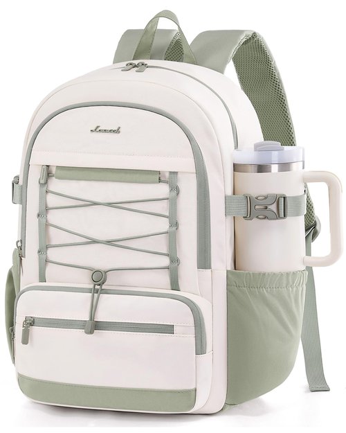 LOVEVOOK School Backpack for Teen Girls, Large Capacity College Student Backpacks with Water Bottle Holder, Cute Laptop Backpack Purse for Women, Lightweight Casual Travel Backpack, Beige-green