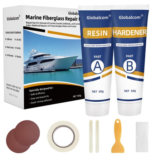 Globalcom Fiberglass Boat Repair Kit White, Gel Coat Repair Kit for Boats, Marine Fiberglass Repair Kit for Boats, Epoxy Filler for Boats, Fiberglass Repair Kit Fix Holes Chips Pit Cracks