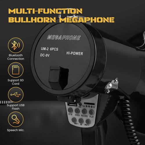 50W Bluetooth Megaphone Bullhorn with Rechargeable Battery-Professional Mega Phone with Siren&240s Recording Supports USB/TF/3.5mm Aux Input-1200 Yard Range for Sports Emergency Outdoor Activities