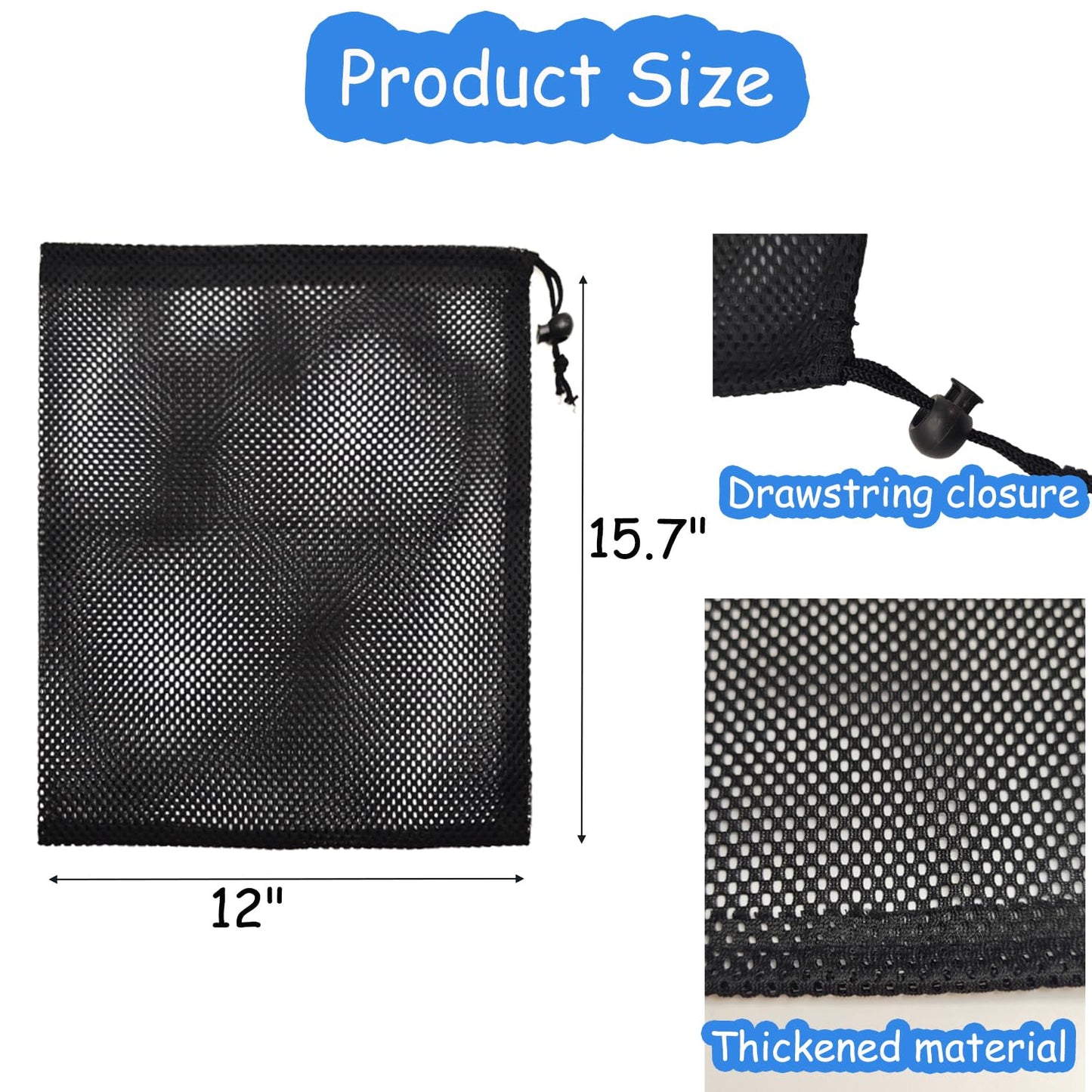 CHENGLAI 6 PCS Mesh Drawstring Bag 12" x 15.7", Durable Sports Equipment Net Bag Multipurpose Mesh Storage Bags for Tennis Ball, Golf Ball, Swimming, Camping and Travel, Black