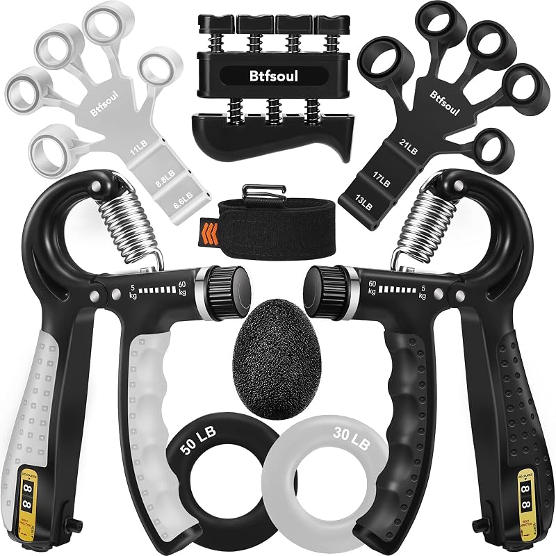 Grip Strength Trainer Kit with Hand Gripper, Finger Exerciser & Stress Ball – Black Grey Variation