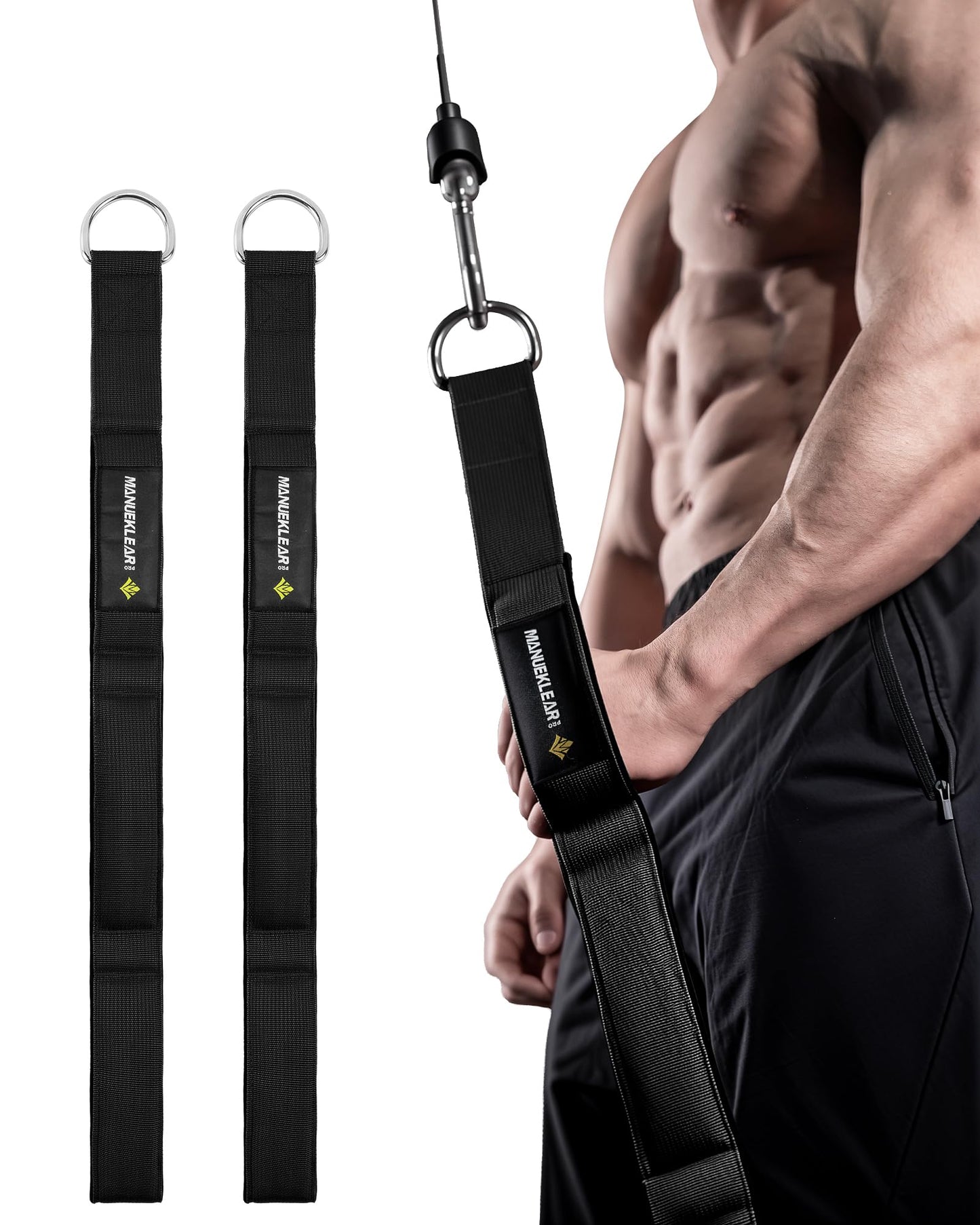 MANUEKLEAR Tricep Rope Cable Attachment Handles, Greater Range of Motion, Tricep Pull Down Rope for Push Downs, Crunches, Facepulls for Professional Gym (Black 2pcs)