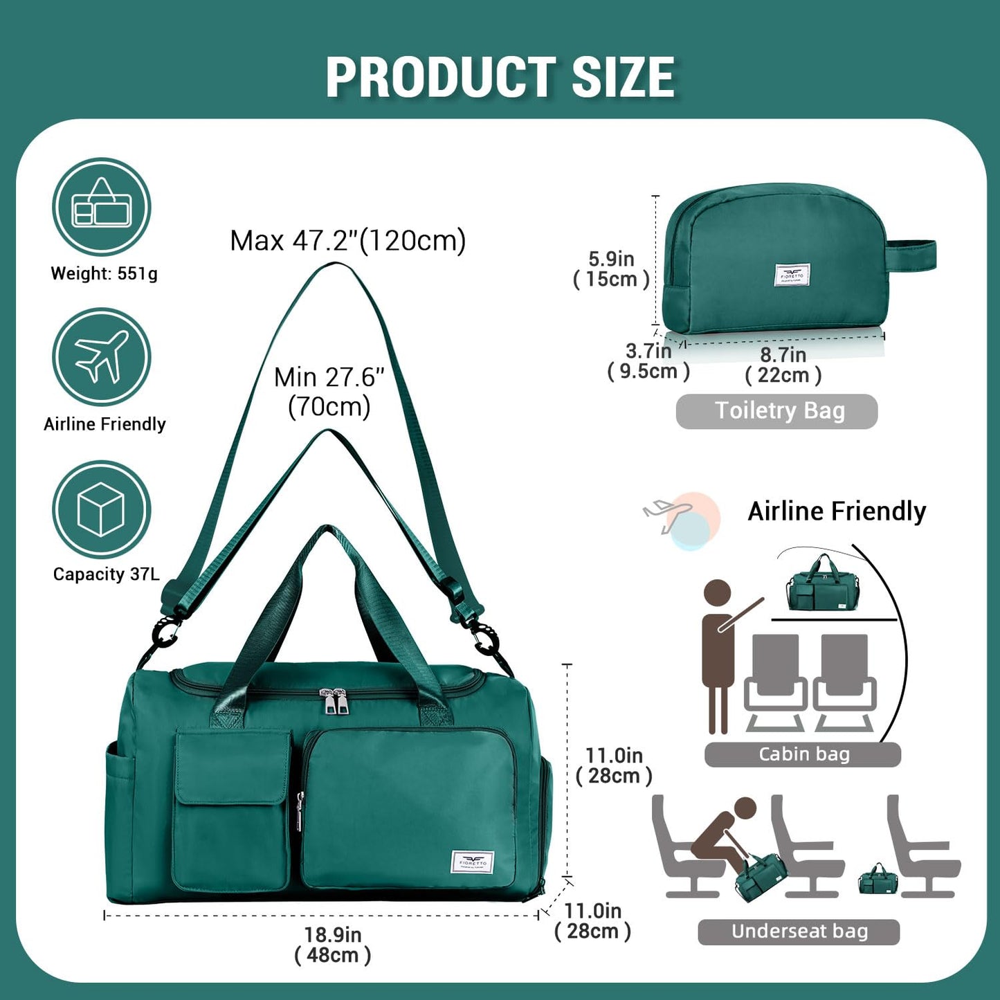 FIORETTO Women's Gym Duffle Bag with Shoes Compartment, 30L Capacity, Ideal for Travel, Gym, Sports, Duffel, Weekender, with Toiletry Bag, Turquoise