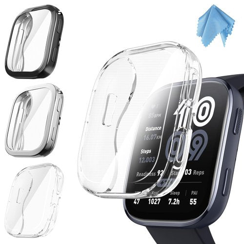 Fintie 3 Packs Screen Protector Case Compatible with Amazfit Bip 6, Soft TPU Plated Bumper Full Protective Cover Cases Scratch-Proof, Black/Clear/Silver