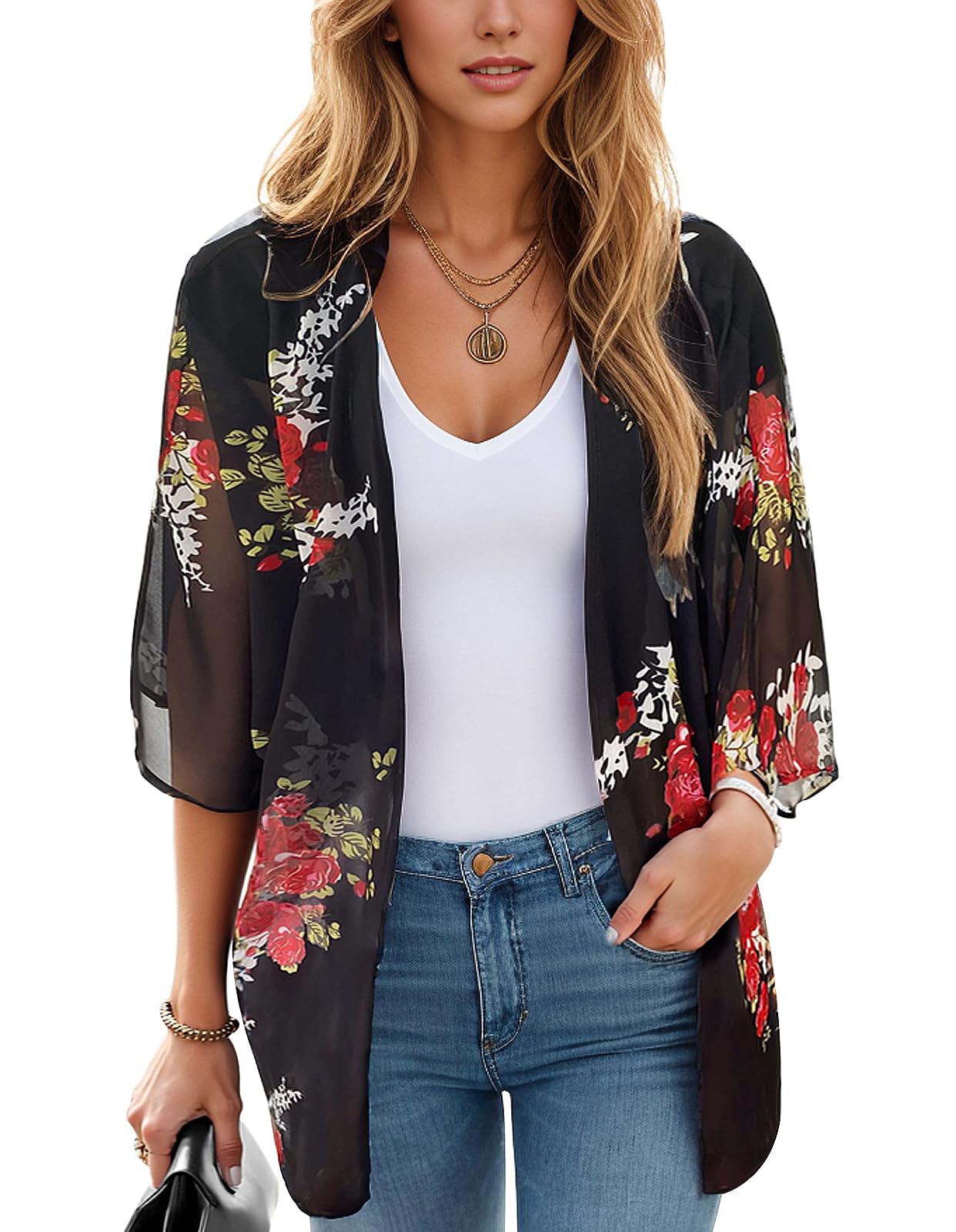 Women's Floral Print Puff Sleeve Kimono Cardigan Loose Cover Up Casual Blouse Tops