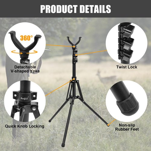 HUNTPAL 16"-62" Hunting Tripod Stand Shooting Stick Gun Rifle Rest With Removable 360 Rotation V Yoke - Versatile Portable Foldable Matt Aluminum Gun Support for Range Practice