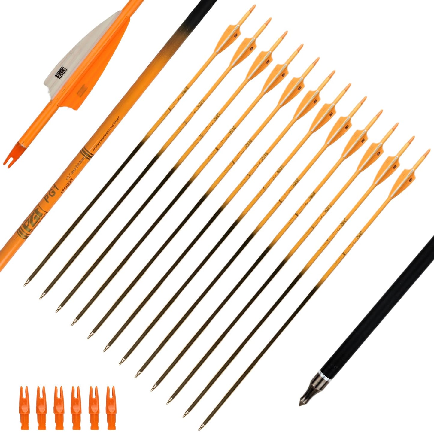 PG1ARCHERY 30Inch Carbon Arrows for Hunting Archery Removable Tips Spine 400 with 3“ Vanes Suit for Compound & Recurve Bow (Pack of 12) (White Orange)
