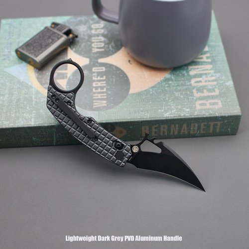 A Ameight MK2 Folding Knife 2.99" Black PVD 14C28N Blade Dark Grey PVD Aluminum Handle With Titanium Pocket Clip Camping Hiking Pocket Knife AME507BDG