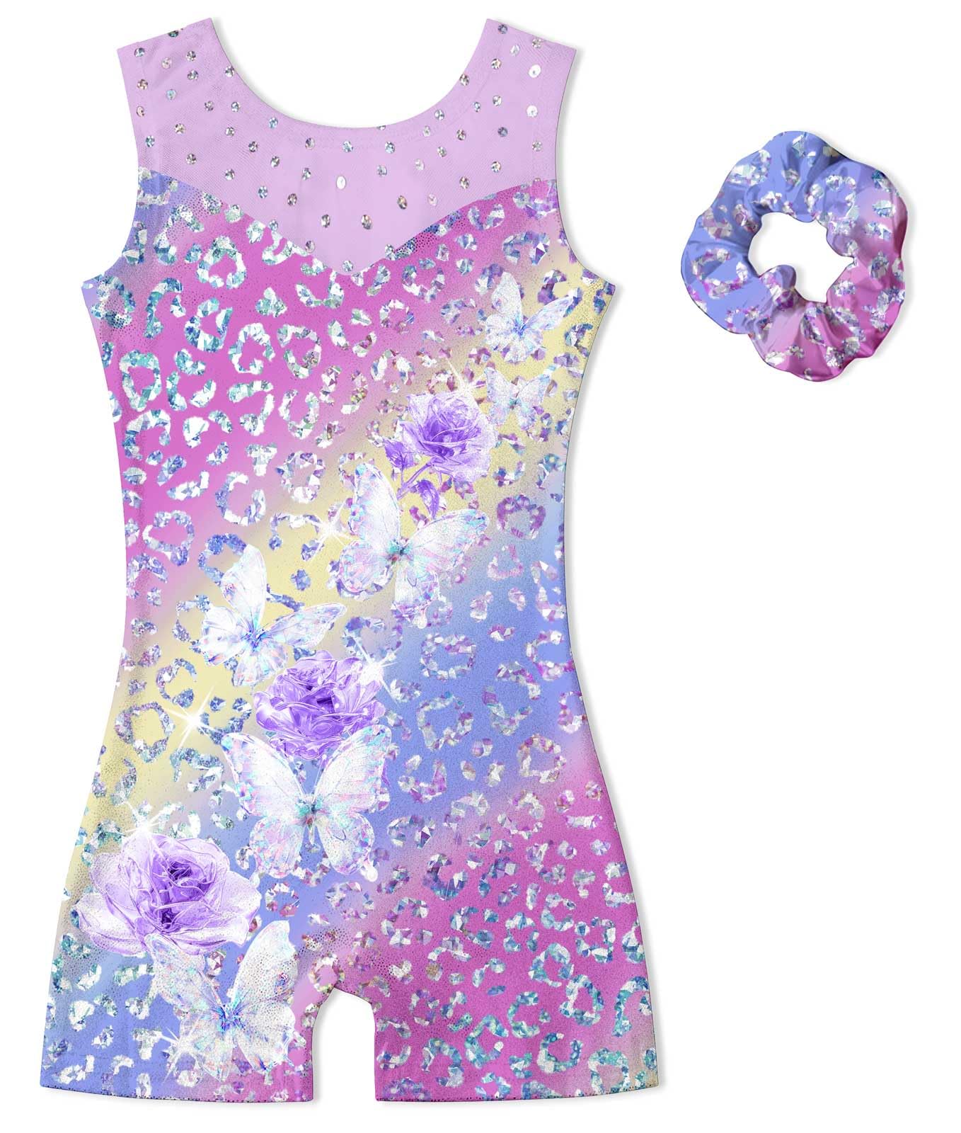 Belovecol Leotards for Girls Size 6-7 Gymnastics Sparkle Dance Biketards Unitards with Shorts Matching Hair Scrunchies,Butterfly Rose Leopard
