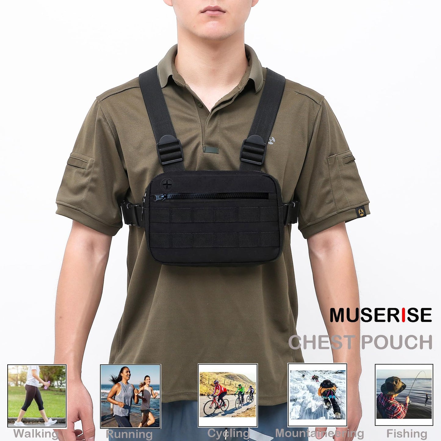 Muserise Outdoor Chest Bag For Men, EDC Chest Pack With Built-In Phone Holder, Lightweight Chest Rig Pouch (Black)