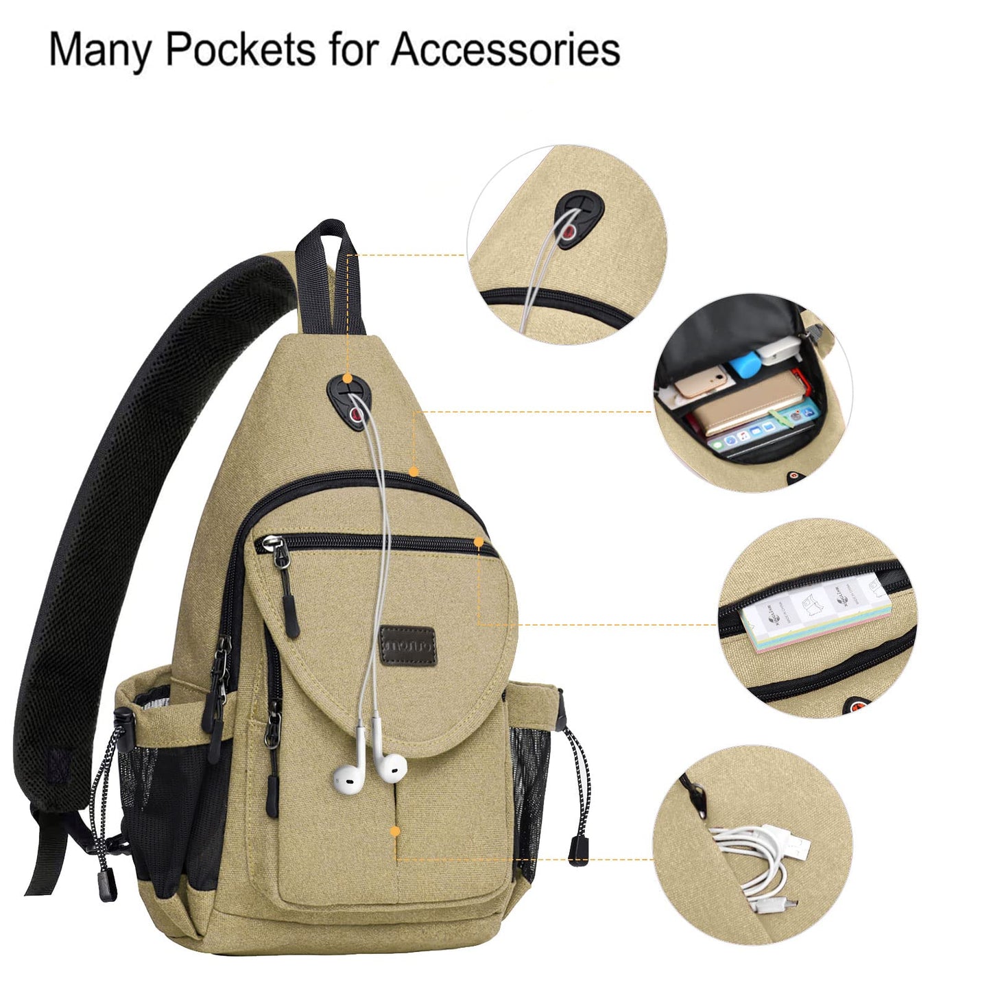 MOSISO Crossbody Sling Bag for Women, Shoulder Backpack, Hiking Daypack Bag, Khaki