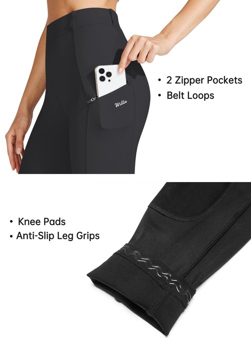 Willit Women's Horse Riding Pants Knee-Patch Equestrian Breeches Horseback Schooling Tights Zipper Pockets Black S