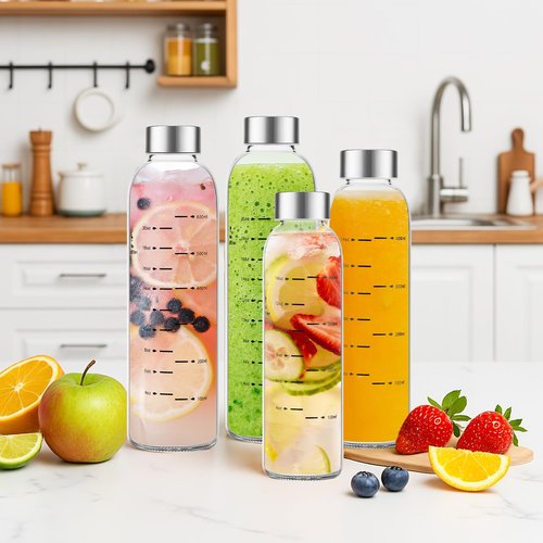 Olivego Glass Water Bottles with Lids 17 oz, Clear Juice Bottles With Stainless Steel Cap, Reusable Glass Drinking Bottle for Juicing, Refrigerator,100% Leak Proof, BPA Free