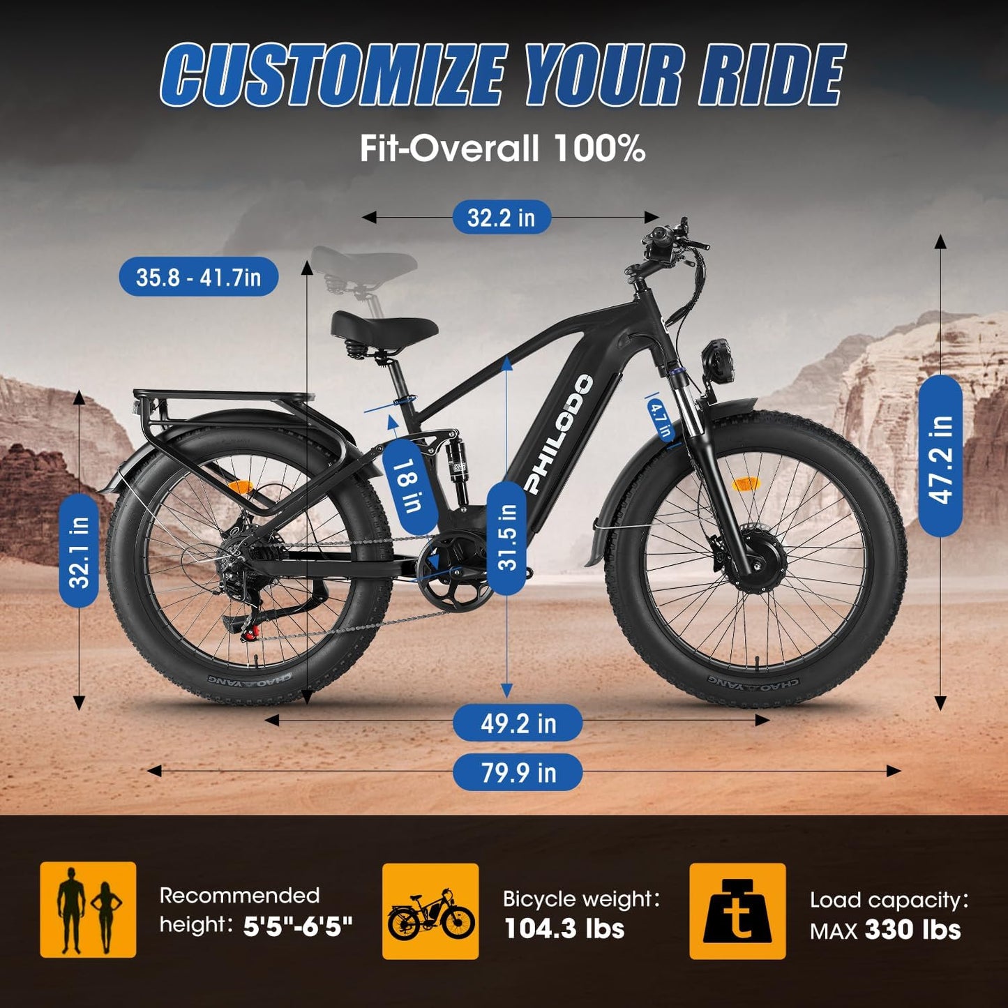 PHILODO Falcon 60V 32AH Off-Road Electric Bike 45MPH - 5000W Peak Dual Motor Hunting Ebike, Fat Tire Full Suspension Dirt Bike for Adults, Long Range Snow/Sand Electric Bicycle