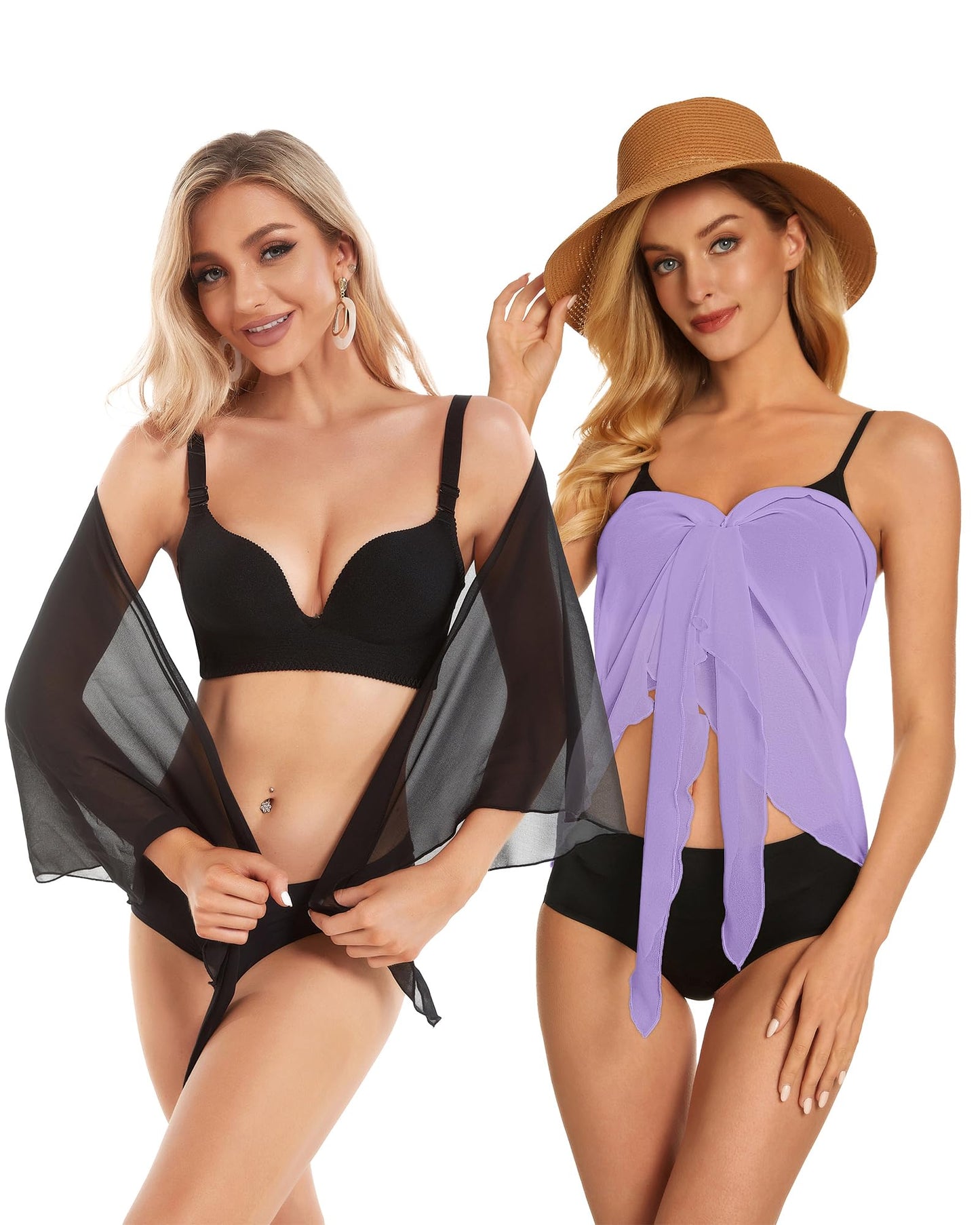 2 Pieces Sarong Cover Ups for Women Beach Bathing Suit Wrap Sheer Short Skirt Bikini Chiffon Scarf for Swimwear (Black and Light Purple)