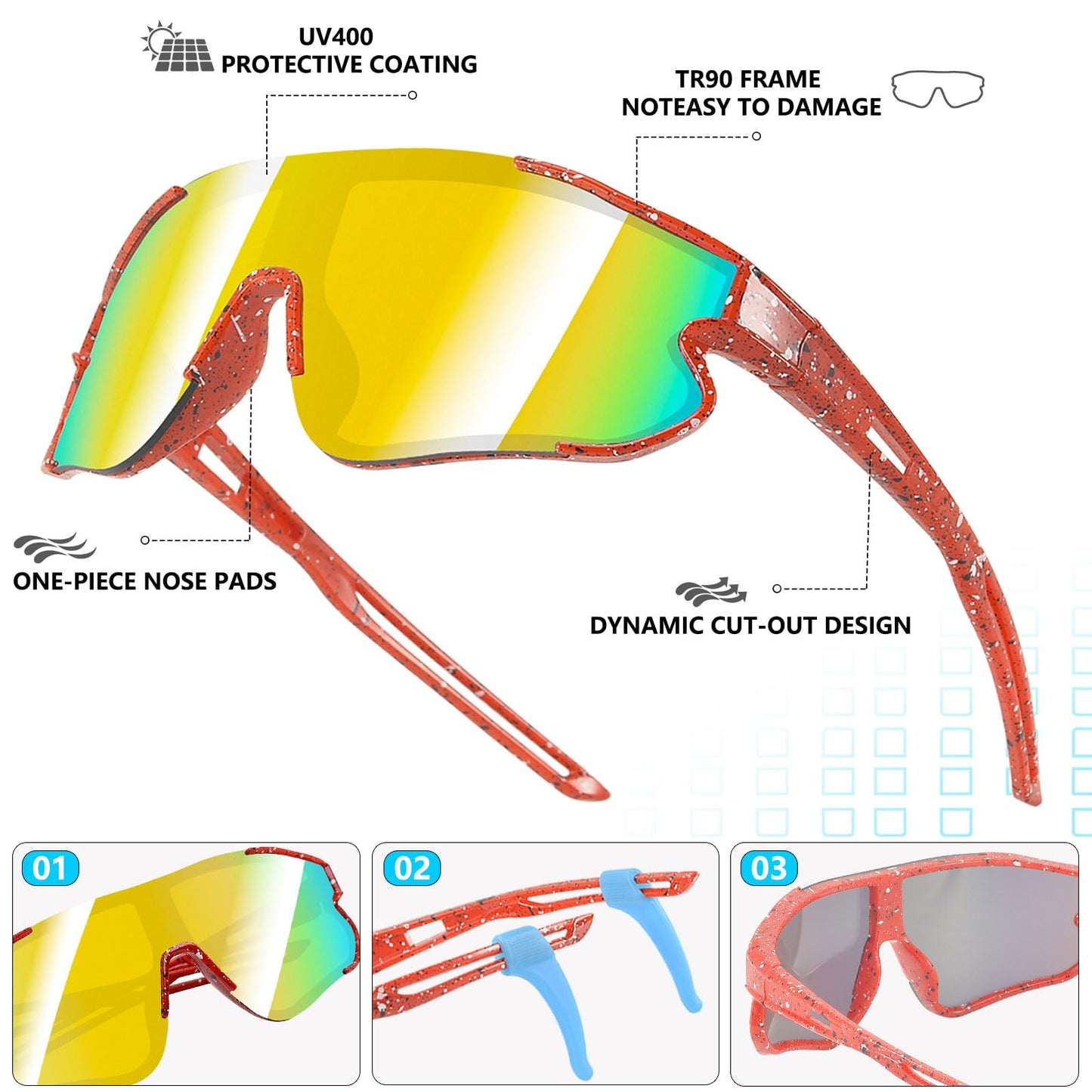 Wapreta 3PACK Kids Sunglasses Youth Baseball Sunglasses for 4-12 Boys Girls Cycling Softball Running UV400 Sports Goggles (Blue Frame + Red Frame + White Frame)