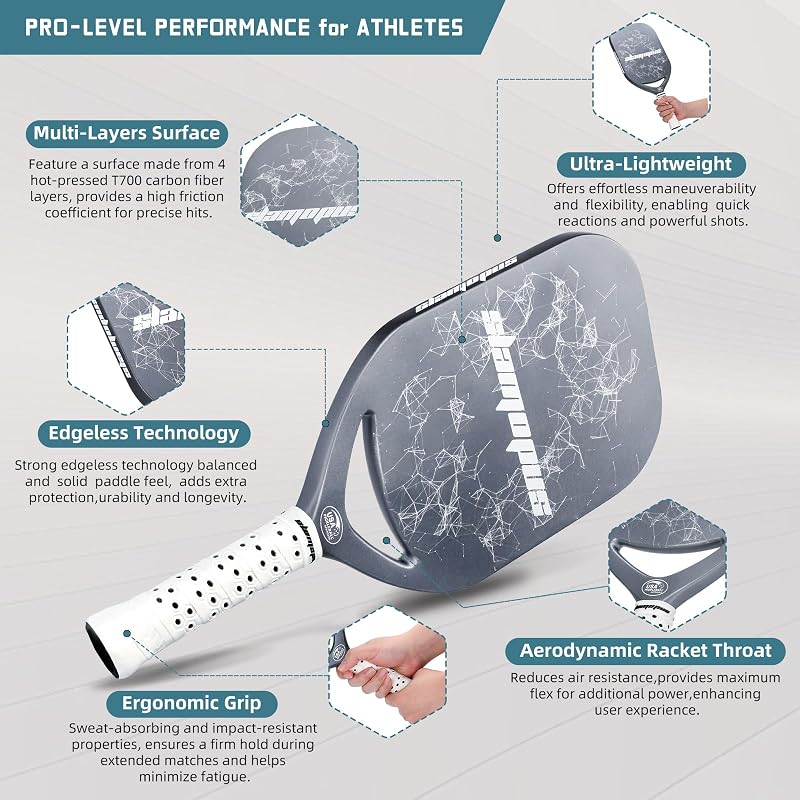 Pro Pickleball Paddle Gray - T700 Carbon Fiber 16mm Core with Overgrips, USAPA Approved