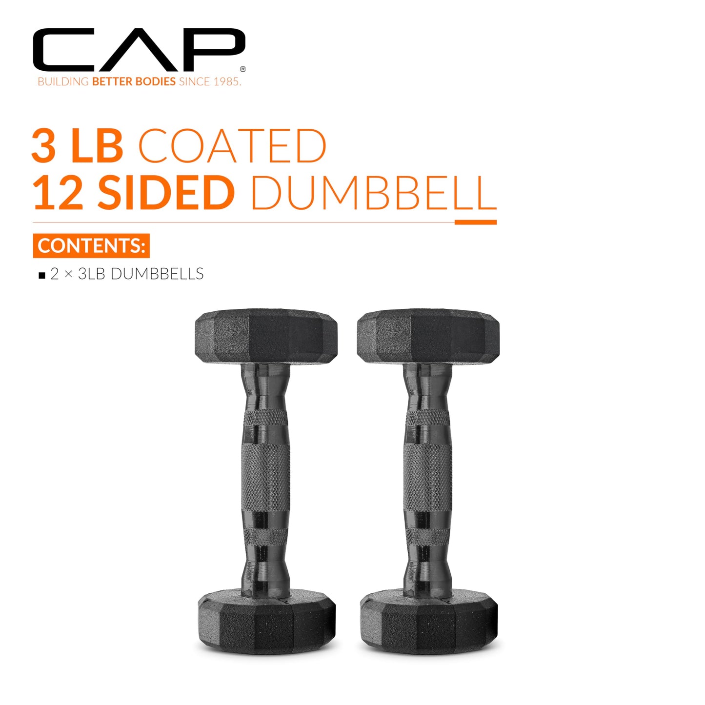 CAP 8 LB 12-Sided Rubber Coated Dumbbell Weight, Rubber Hand Weights for Home Gym Strength Training, Black Oxide Handle, Pair