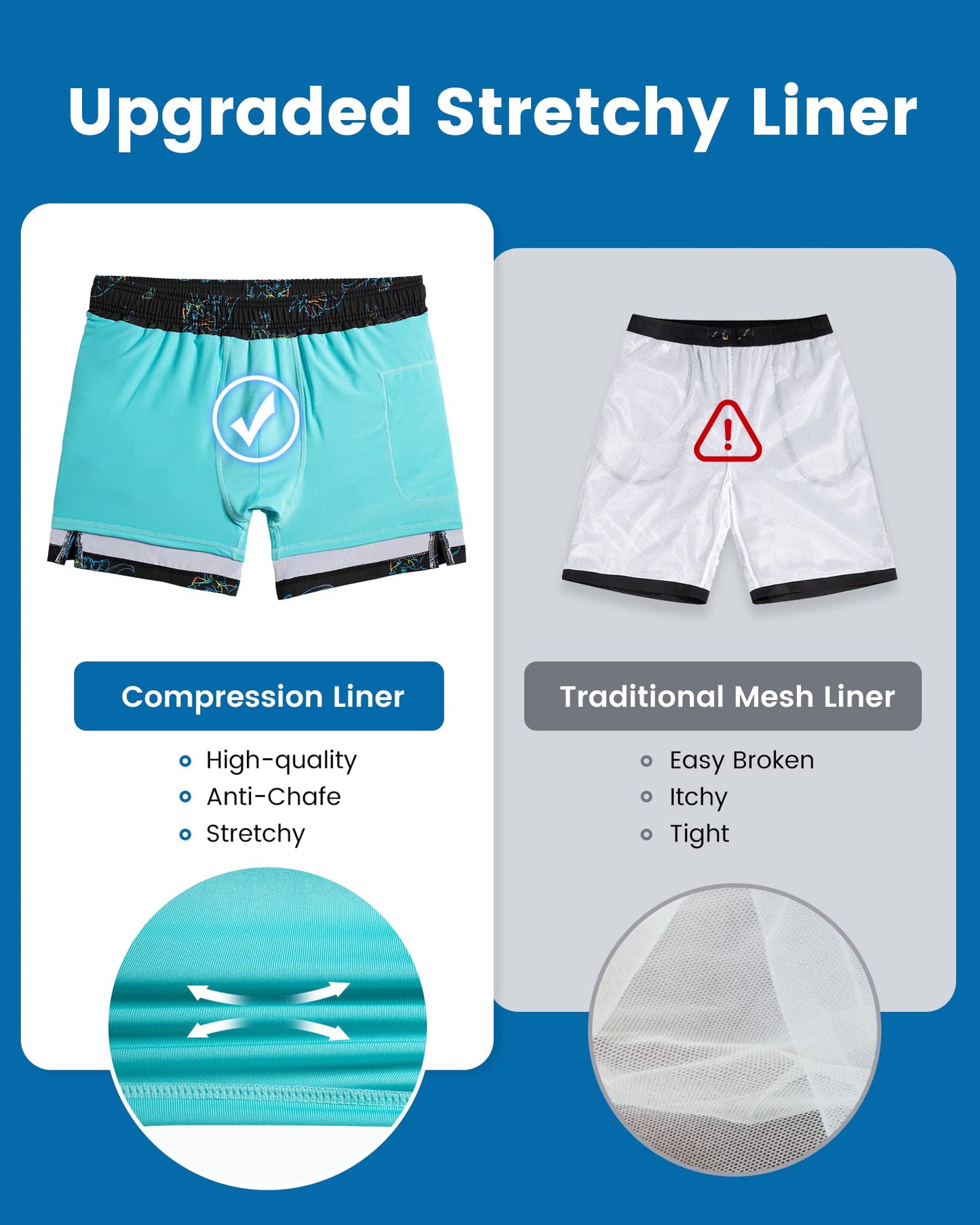 maamgic Mens Swim Trunks with Compression Liner 5 Inch, Quick Dry Bathing Suit with Zipper Pockets, Stretch No-Chafing Swim Shorts, Black-Colorful Dinosaur XX-Large