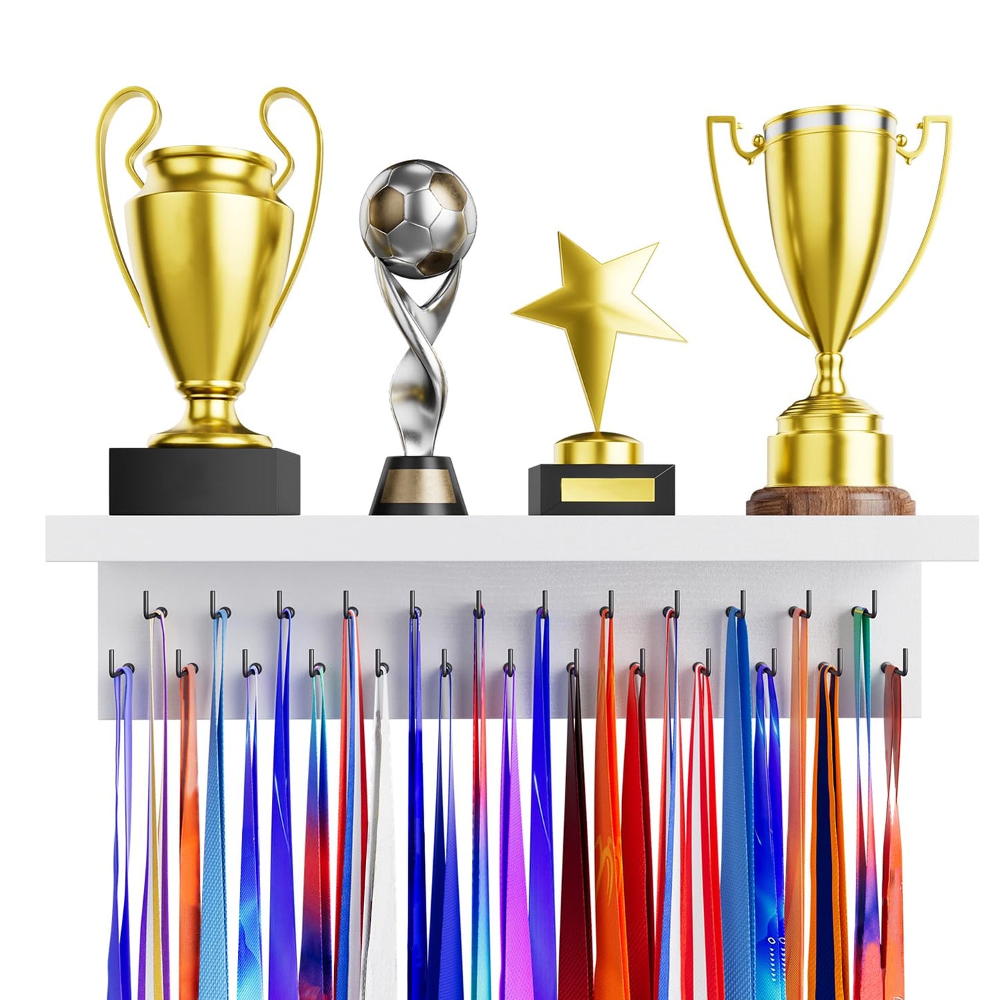 DSVENROLY Medal Holder Display Trophy Shelf Organizer, Sturdy Wooden Race Award Hanger Rack with 25 Steel Hooks, Wall Mount Storage Stand for Sports Fans, Cheer Success, White with Black Pegs