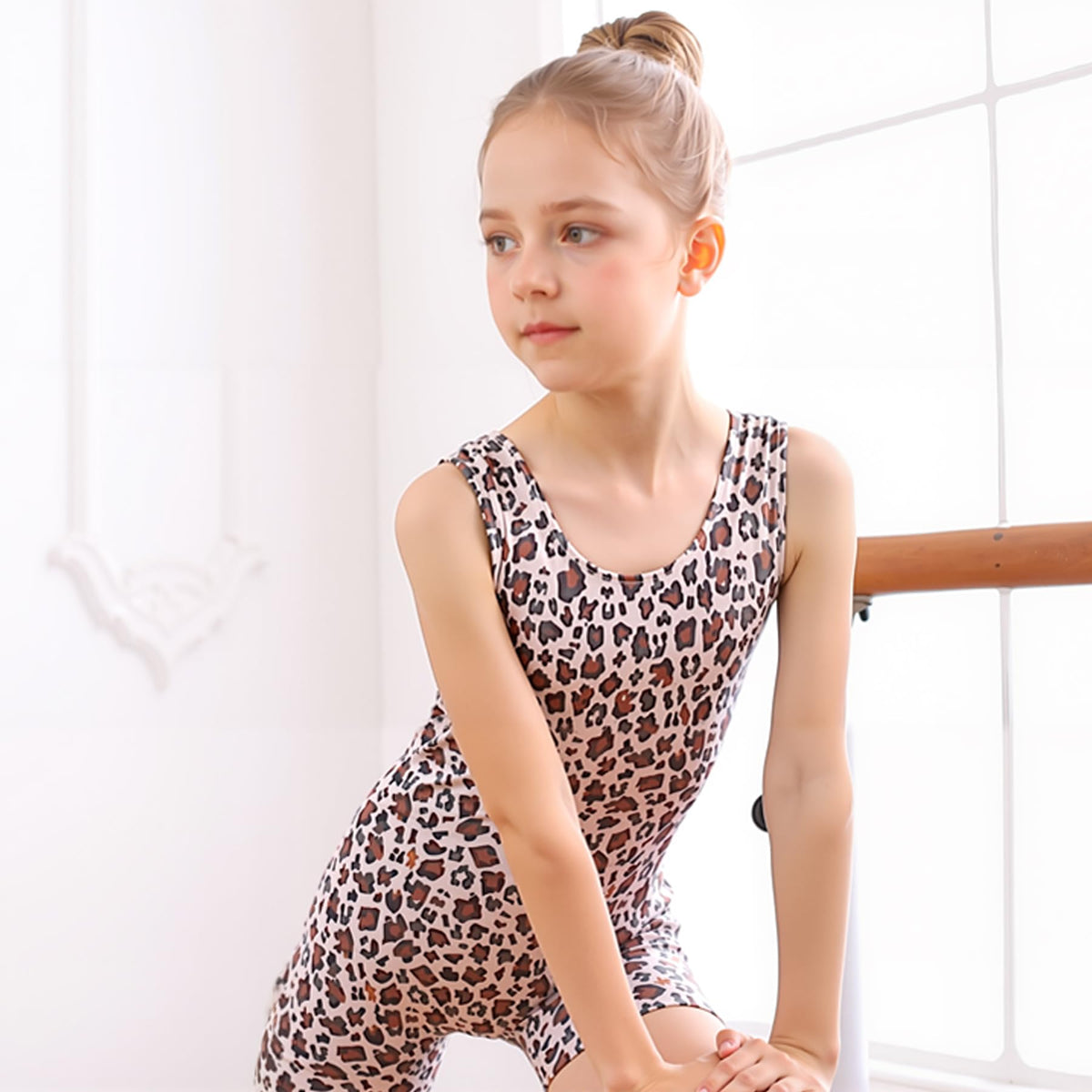 uideazone Leotards for Girls,Little Kid, Gymnastics Big Girls Gymnastics Apparel Quick Dry Leopard Printed Kids Unitards Biketards Gym Outfits