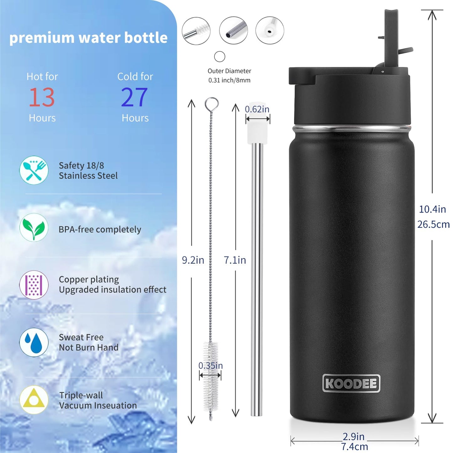 koodee Insulated Water Bottle, 18 oz Stainless Steel Vacuum Wide Mouth Sports Water Bottle with Leak Proof Straw Lid (Black)