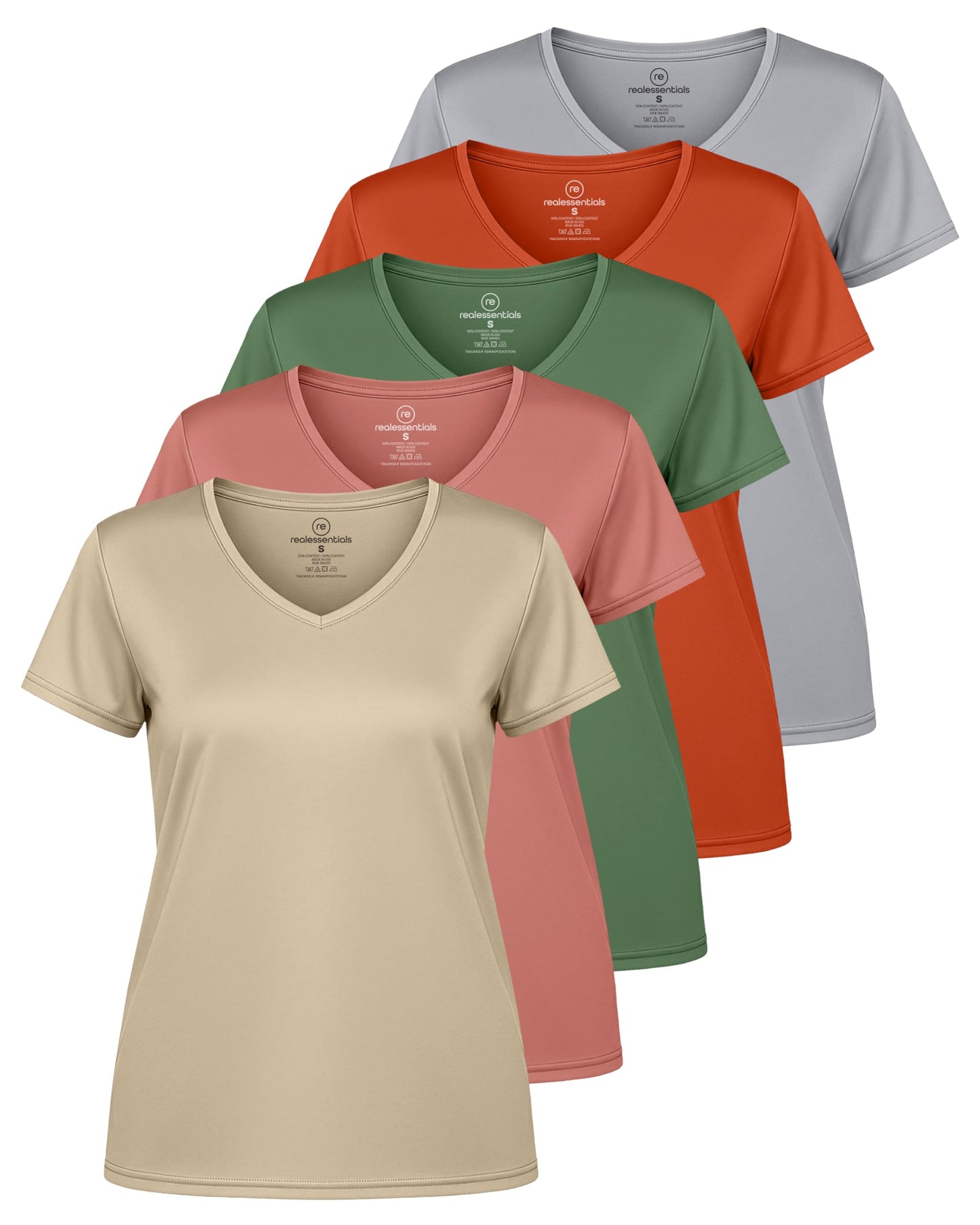 Real Essentials 5 Pack: Women's Dry-Fit Short Sleeve V Neck T Shirt Workout Fitness Yoga Top Tee (Available in Plus Size), Set 12, 3X