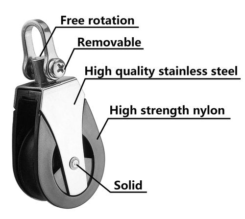 LEQMG High Load Capacity Marine Stainless Steel Nylon Block Universal Single Head Pulley,Smooth Silent Bearing,Rope Runner Boat Accessories(2 Pcs)