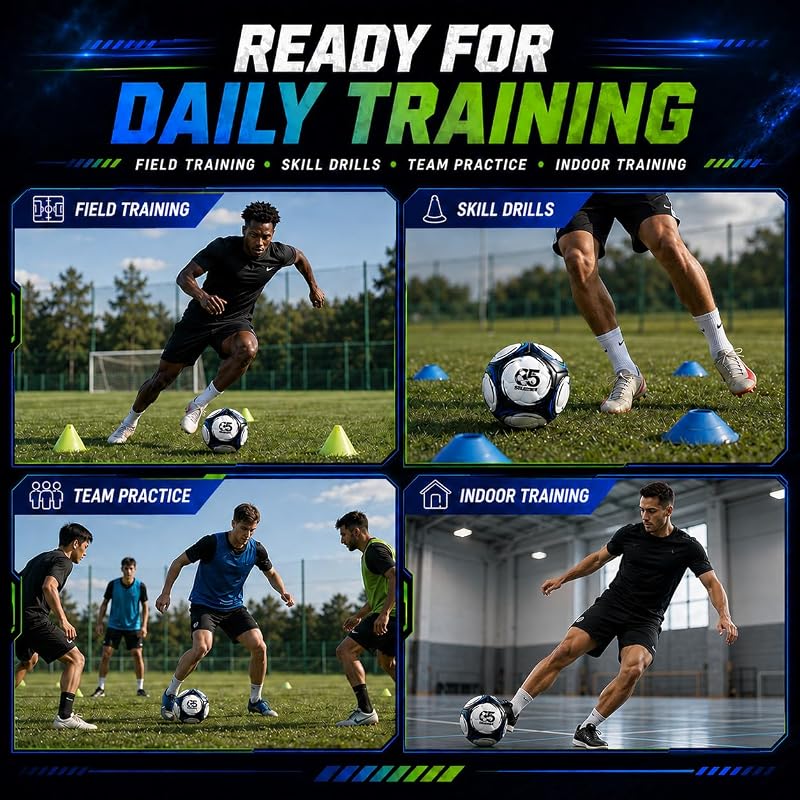 Soccer Ball Size 5 with Pump - Durable Indoor/Outdoor Training Ball, White with Black Panels