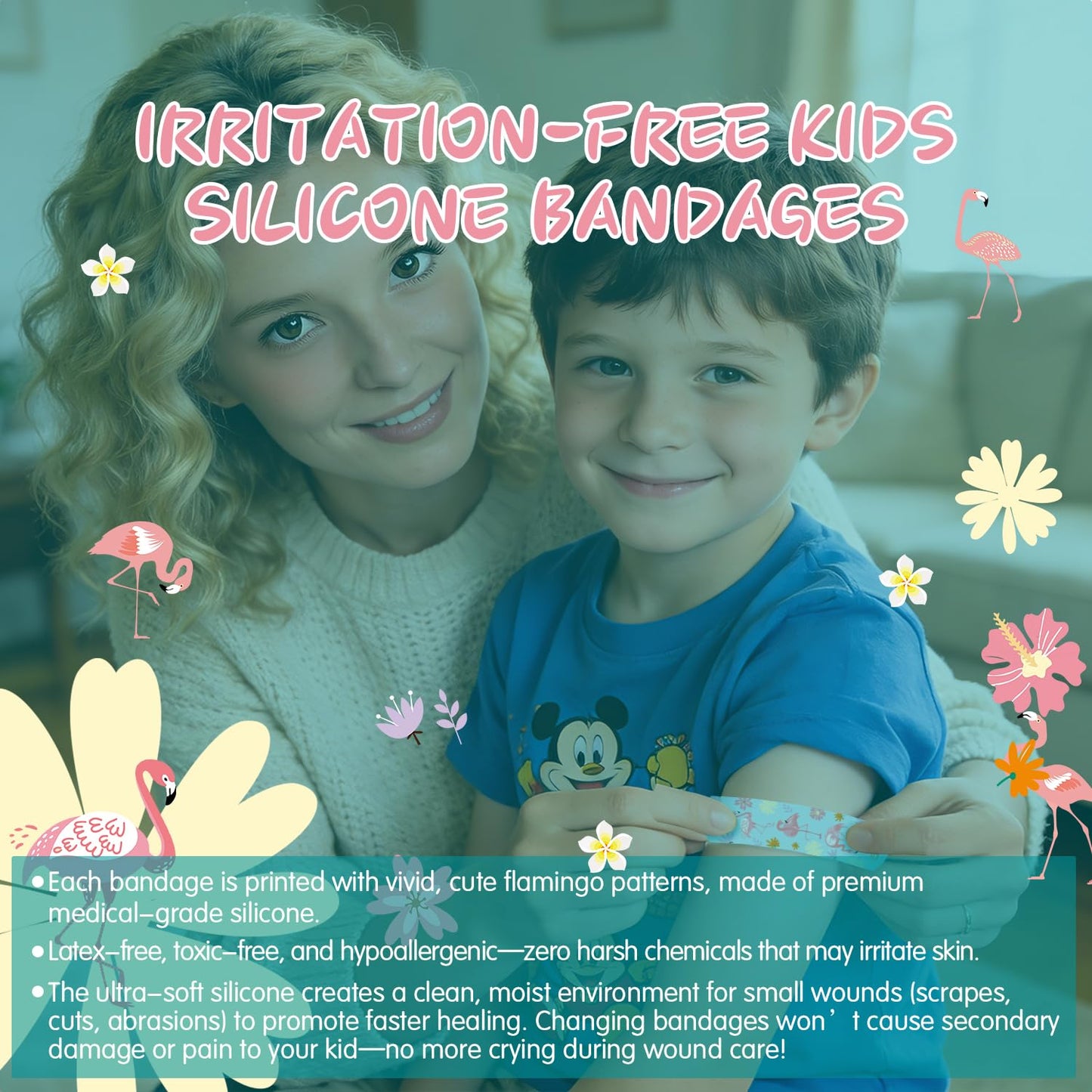 Hysimedy Silicone Adhesive Bandages for Kids Sensitive Skin Waterproof Non Toxic Latex Free Hypoallergenic Small Bandages for Girls Boys Toddler Minor Cuts & Scrapes Flamingo Pattern 36 ct 3/4"x3"