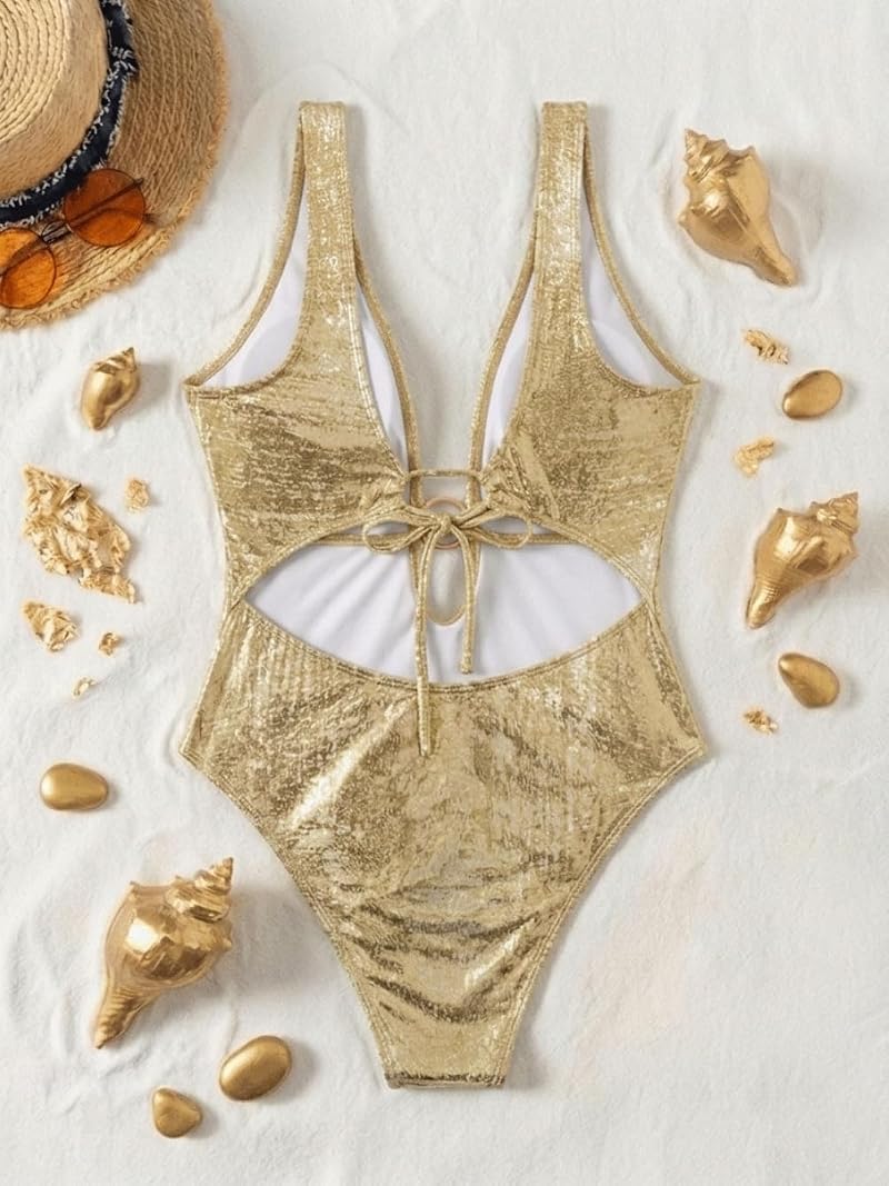 Women’s Sexy High Cut Cheeky One Piece Swimsuit - Gold 8-10