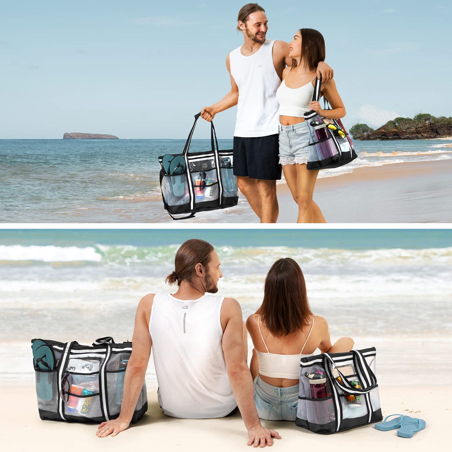 Vulken 42L Extra Large Mesh Beach Bag. 9 Pockets Top Zip Tote Bag Shoulder Bag. (Black&White)