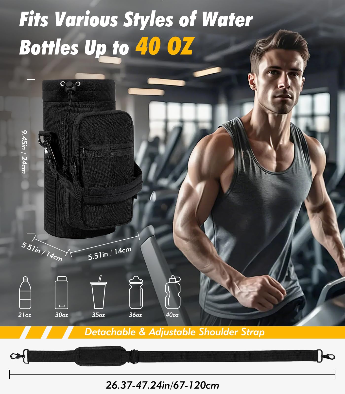 Nuovoware Magnetic Gym Bag Water Bottle Carrier Holder with Adjustable Shoulder Strap, 40oz Magnets Magnetic Gym Bag Bottle Pouch Sling, 2 Pocket Sling Neoprene Organizer Sleeve, Camouflage Green