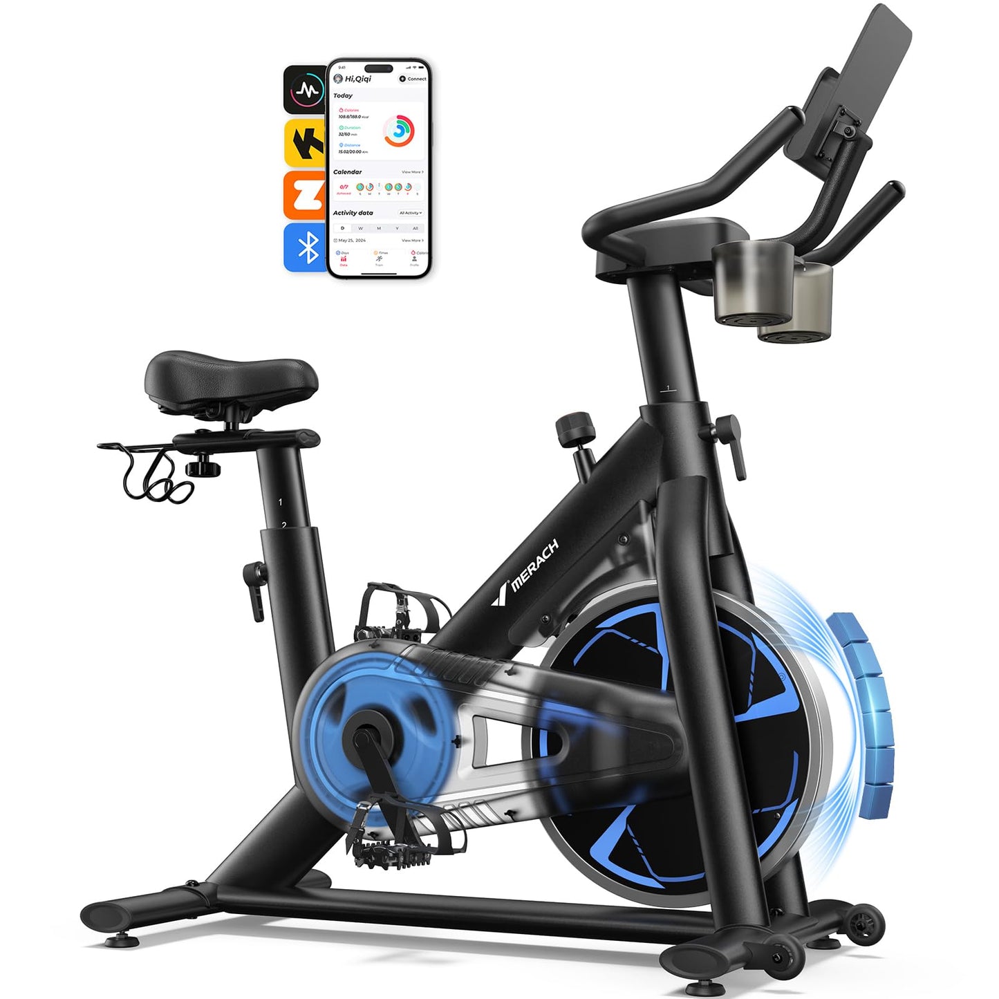 Merach Magnetic Exercise Bike, Low Noise Stationary Bike for Home with Comfortable Seat Cushion, Spinning Bike with 330 lb Weight Capacity, Exclusive App, Tablet Mount and Fitness Courses