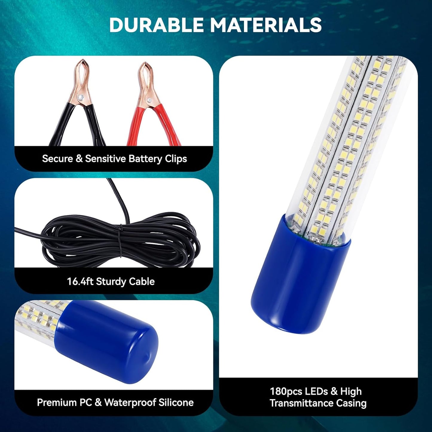 18W Underwater Fishing Light, IP68 Waterproof DC 12-24V LED Fish Bait Light Submersible Finder Attractants Lamp for Crappie Shrimp Squid Catfish + Battery Clamps, 16.4ft Cable Green/Blue/White Light