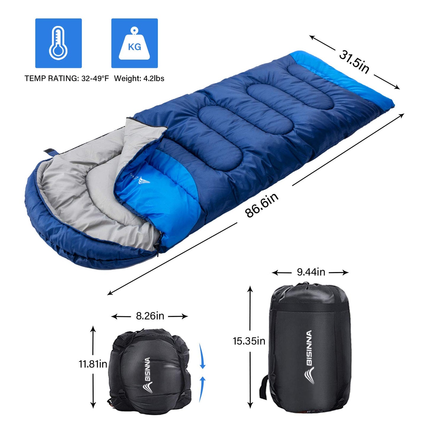 BISINNA Sleeping Bag with Pillow - 4 Season Backpacking Sleeping Bag Lightweight Waterproof Warm and Washable for Adults, Kids, Women, Men's Outdoors Camping, Hiking, Mountaineering(Right Zipper)