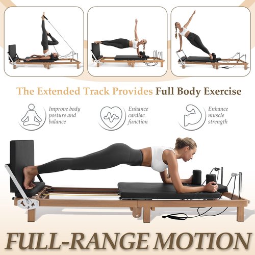Foldable Pilates Reformer Machine, 90% Pre-Assembled Pro Pilates Equipment，Adjustable Spring + Latex Resistance, 88in Extended Imitation Wood Frame with Jumpboard for Home Gym Women Men Exercise Use
