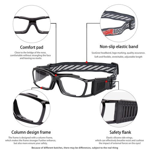 SooGree Racquetball Goggles - Sports Glasses Basketball Football Protective Eyewear Anti Fog Shock Absorption with Adjustable Strap (G8015 Black frame black pad)
