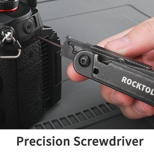 ROCKTOL Multitool Gen-R Lite, Retro Black EDC Pocket Knife VG10 Blade, Compact 15-in-1 Multi-tool with Screwdriver, Large Scissors, Glass Breaker, Leather Sheath, Lightweight for Hiking, Camping