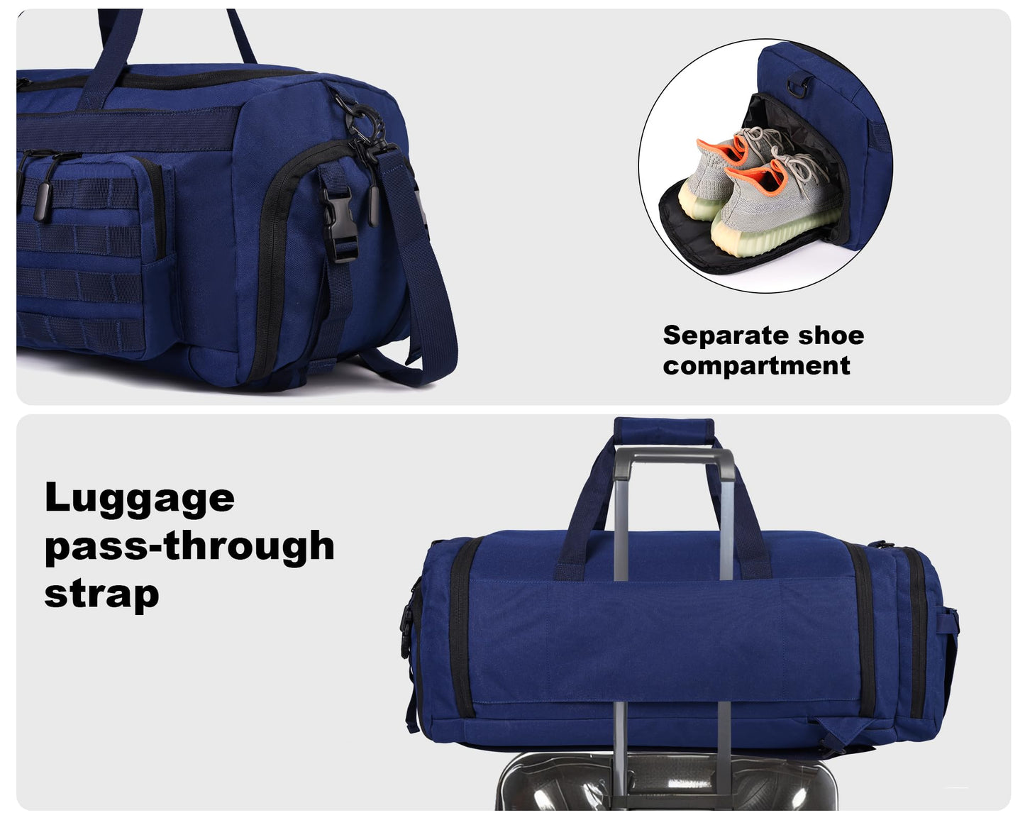LHI 50L Tactical Duffle Bag for Men, 3-in-1 Gym Duffle and Backpack, Shoe Compartment, Laptop Sleeve and MOLLE, Carry-On Travel Weekender and Overnight Bag – Blue