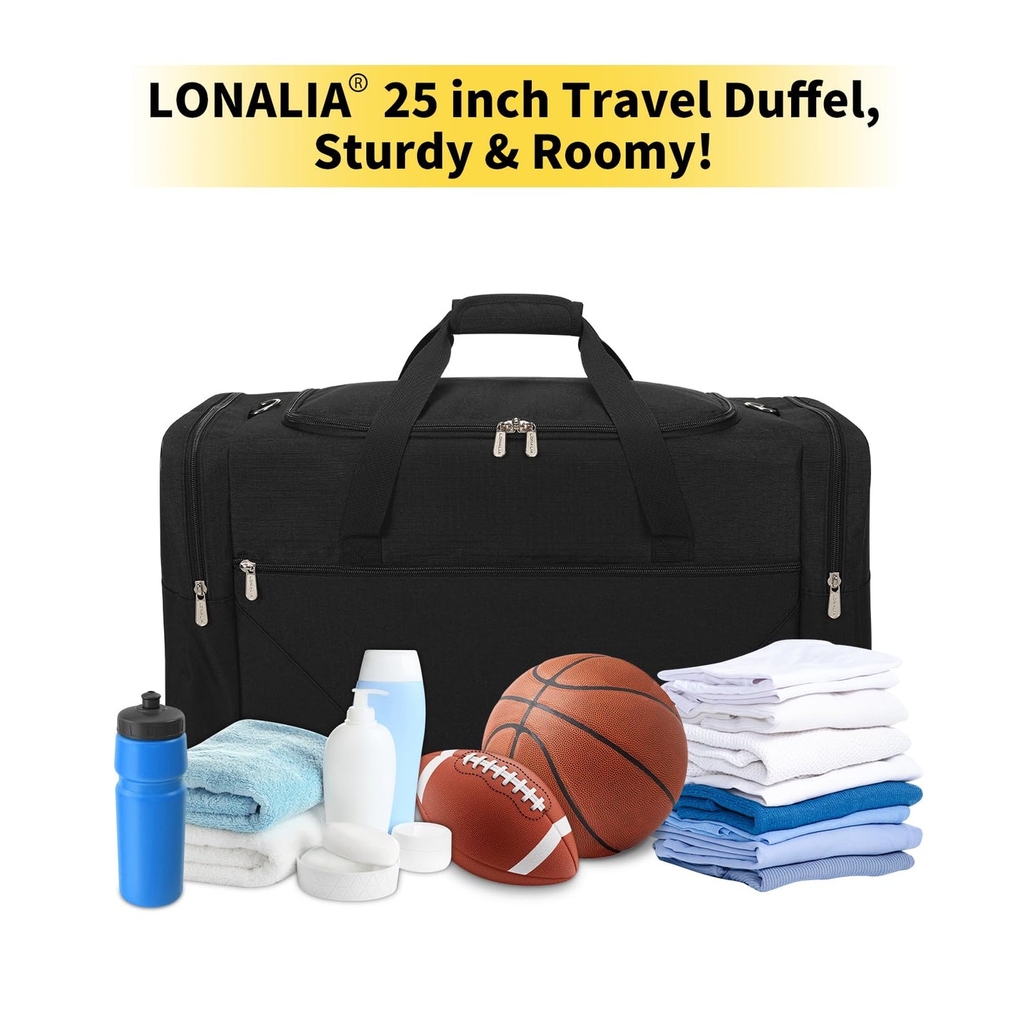 LONALIA 25 in Large Travel Duffel Bag for Men - 56L Roomy Weekender Bag with Trolley Sleeve (Black)