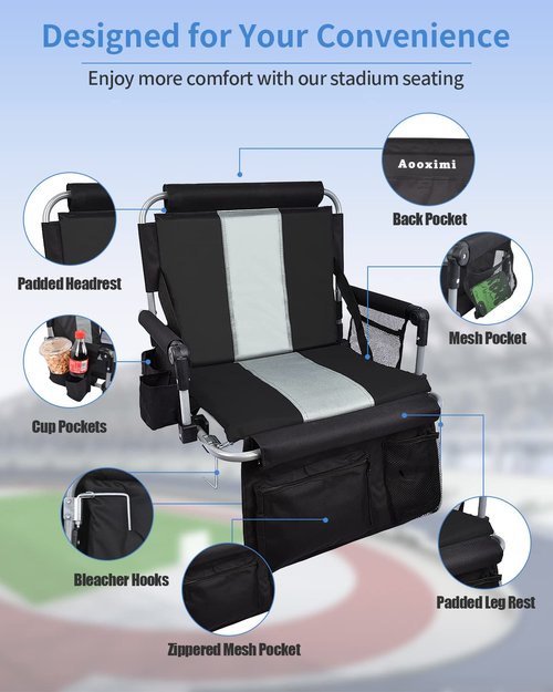 AOOXIMI Stadium Seats with Back Support, Folding Bleacher Seat with Cup Holders, Mesh Bags and Hide Hooks, Portable Wide Bleacher Chairs with Back and Cushion, Perfect for Sports Events and Concerts