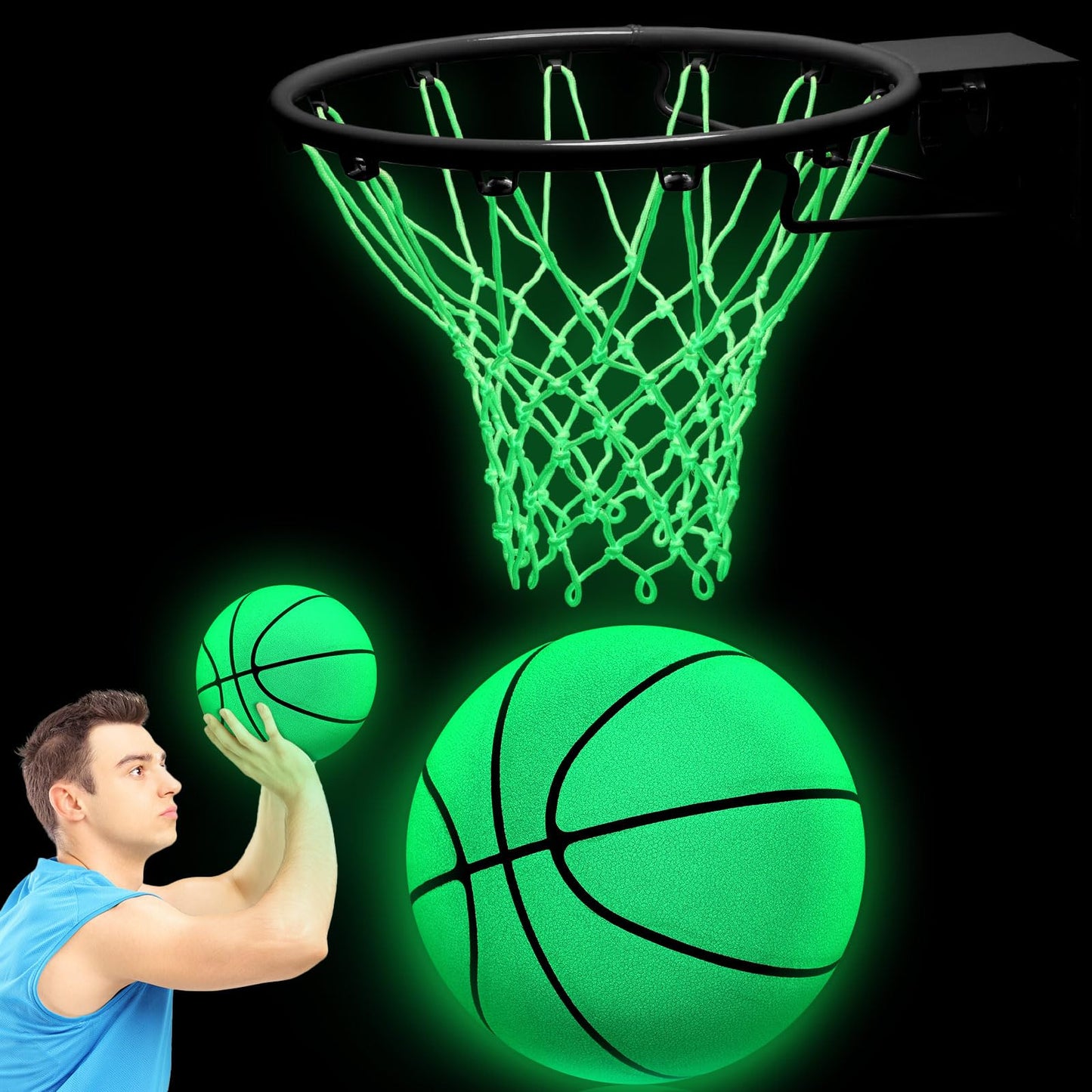 Jenaai 3 Pcs Glow Basketball Set, Includes Size 7 Glowing Basketball Light up Nightlight Net with Pump for Hoop Luminous Sports Gift Sports Prize Back to School