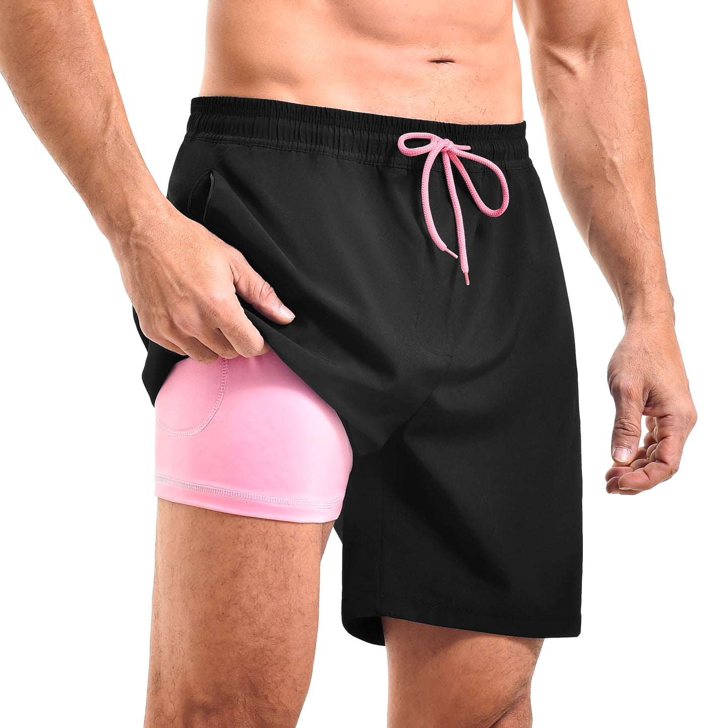 CADITEX Mens Swim Trunks 2 in 1 with Compression Liner 7 Inch with Pockets Board Shorts Black L