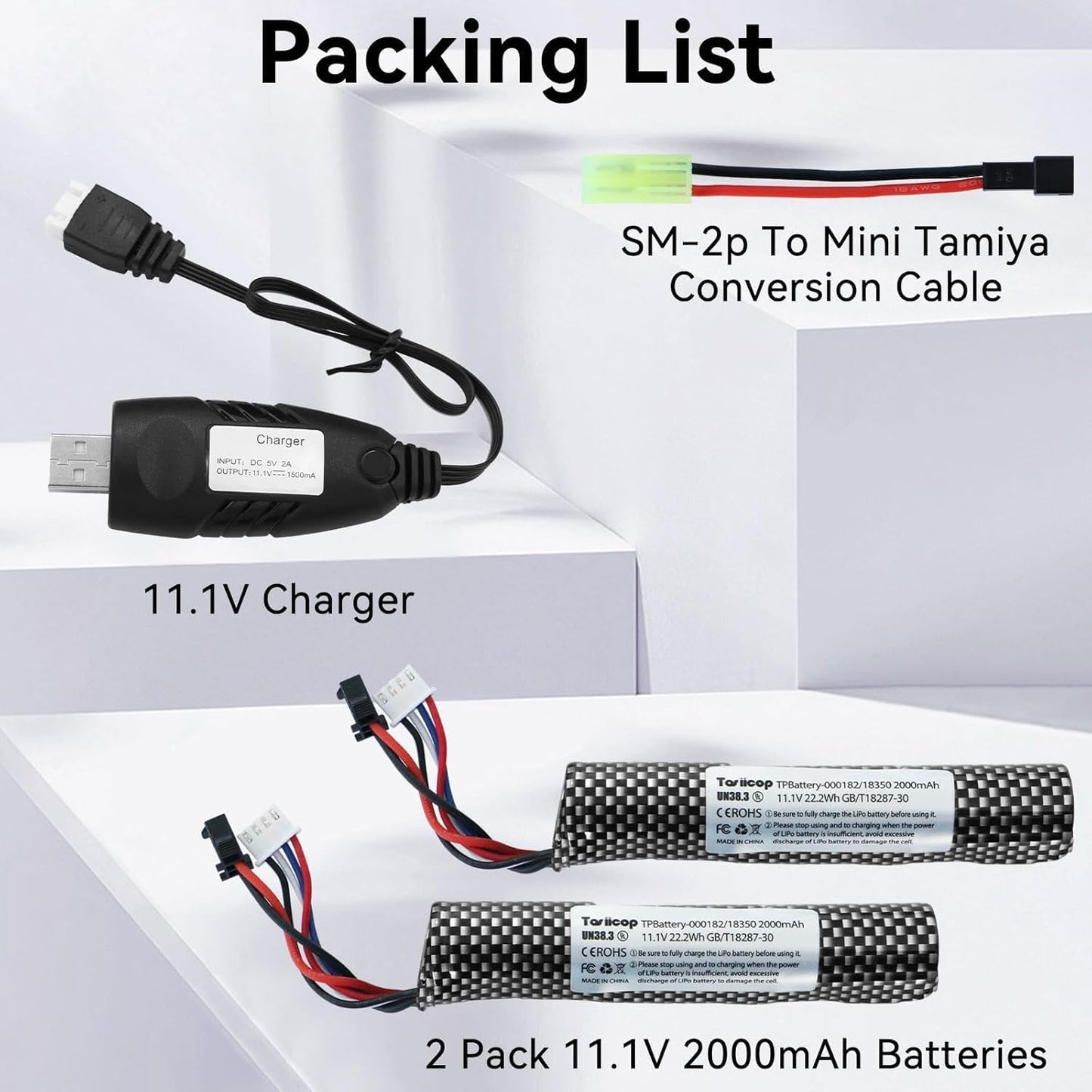 11.1v Battery Gel Blaster - Airsoft Batteries 11.1 Volt 2000mAh with Charger and Mini Tamiya Connector to SM-2P Plug Conversion Cable for Water Bead Splatter Ball 2 Pack