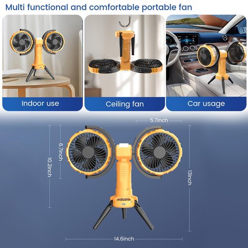 Outdoor Camping Fan with LED Light, Rechargeable Portable Dual Head Fan,Battery Powered with Cooler Tent Hook Fans,270° Oscillating 360° Rotation ,USB Desktop Fan for Travel,Fishing,Home (Yellow)