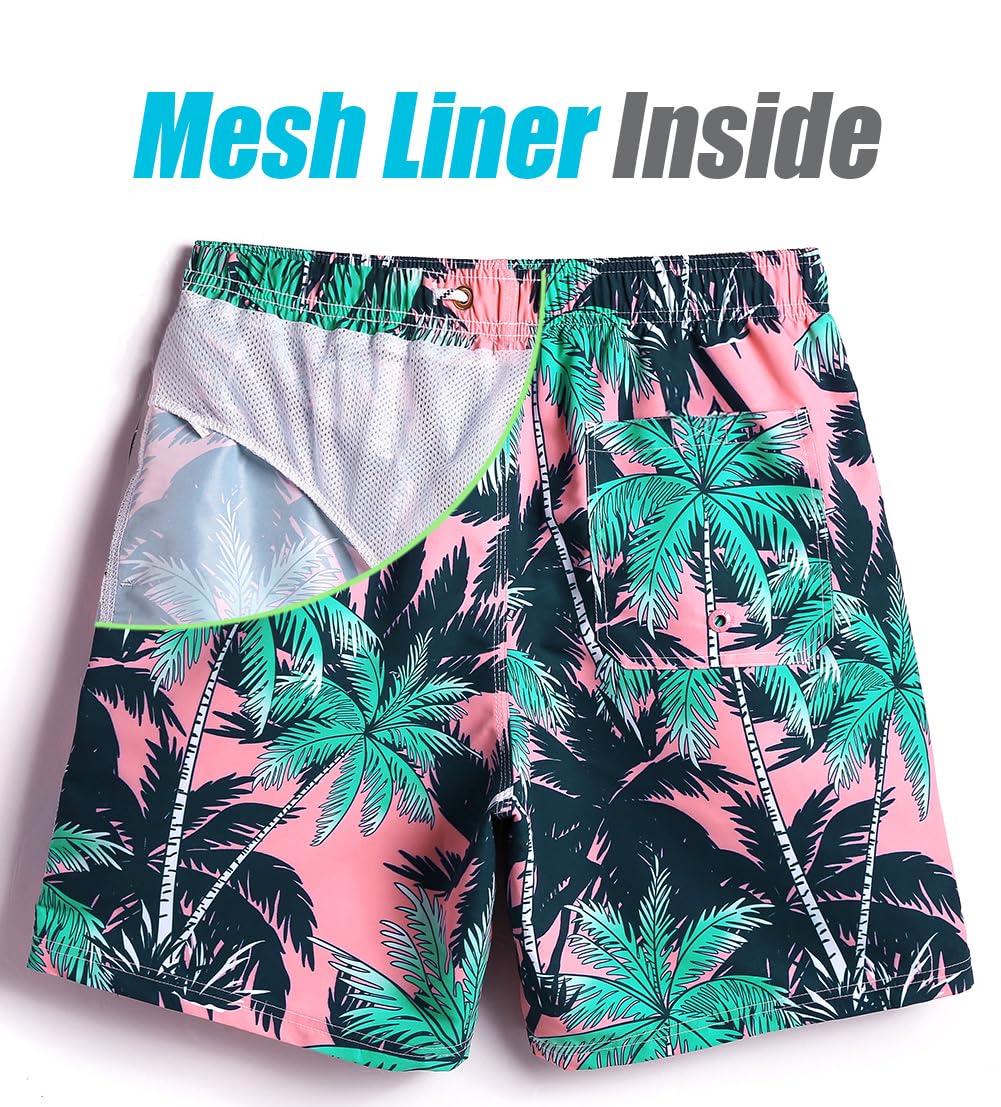 maamgic Mens Swim Trunks Quick Dry Swim Shorts with Mesh Lining Funny Swimwear Bathing Suits 7inch Pink Tree X-Small