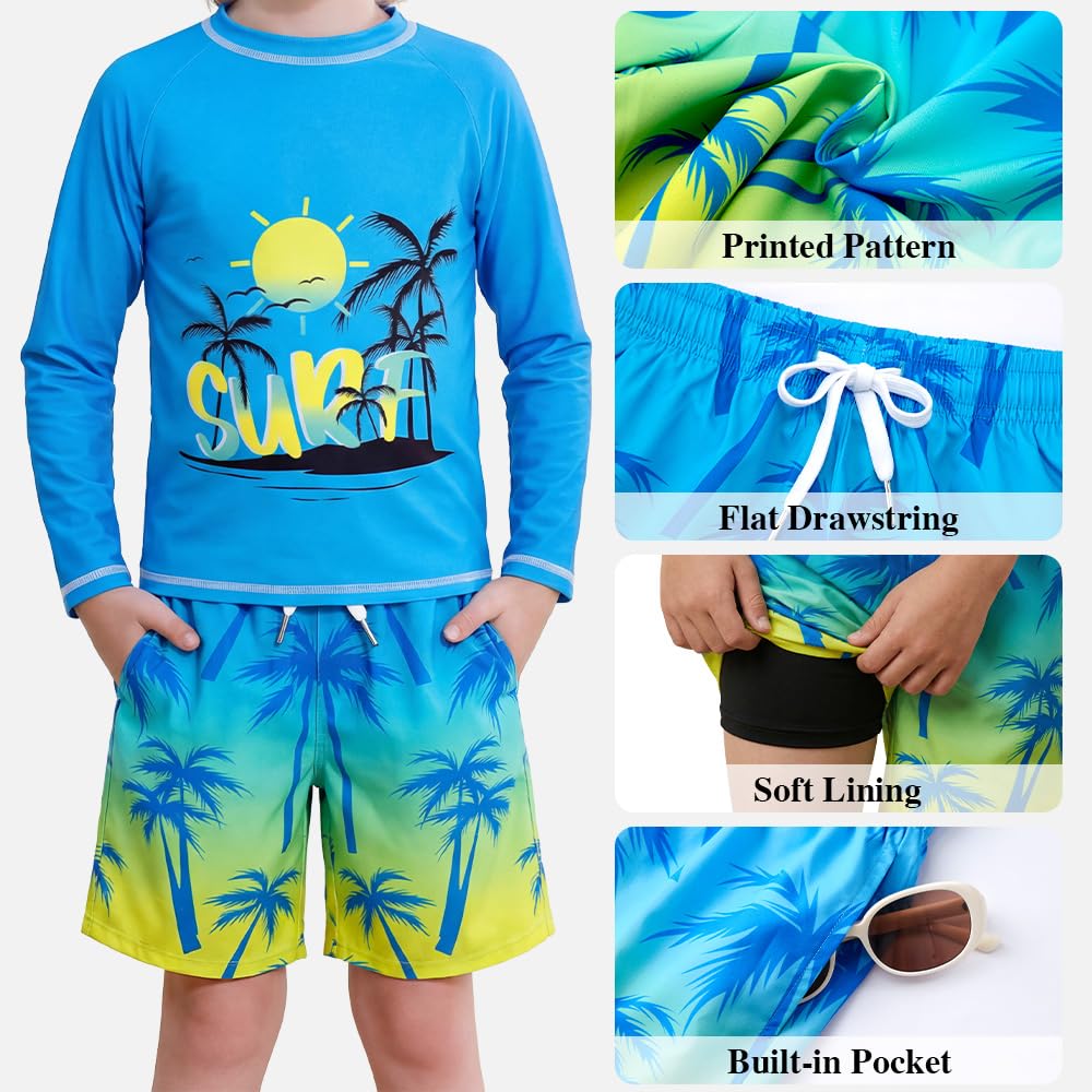 Belovance Boys Two Piece Rash Guard Swim Set Kids Long Sleeve Bathing Suit Swimwear Shirt with Trunks Swimming Suits Surfing Beach Clothes Quick Dry Size 6 7 Blue Yellow